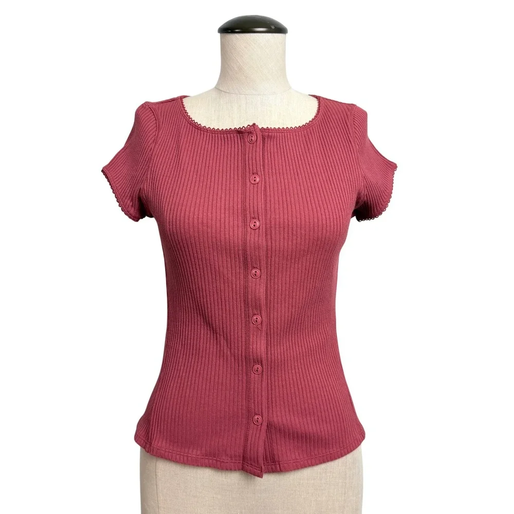 Free People Intimately Most Wanted Cardi Ribbed Button Top Red Lace Trim M